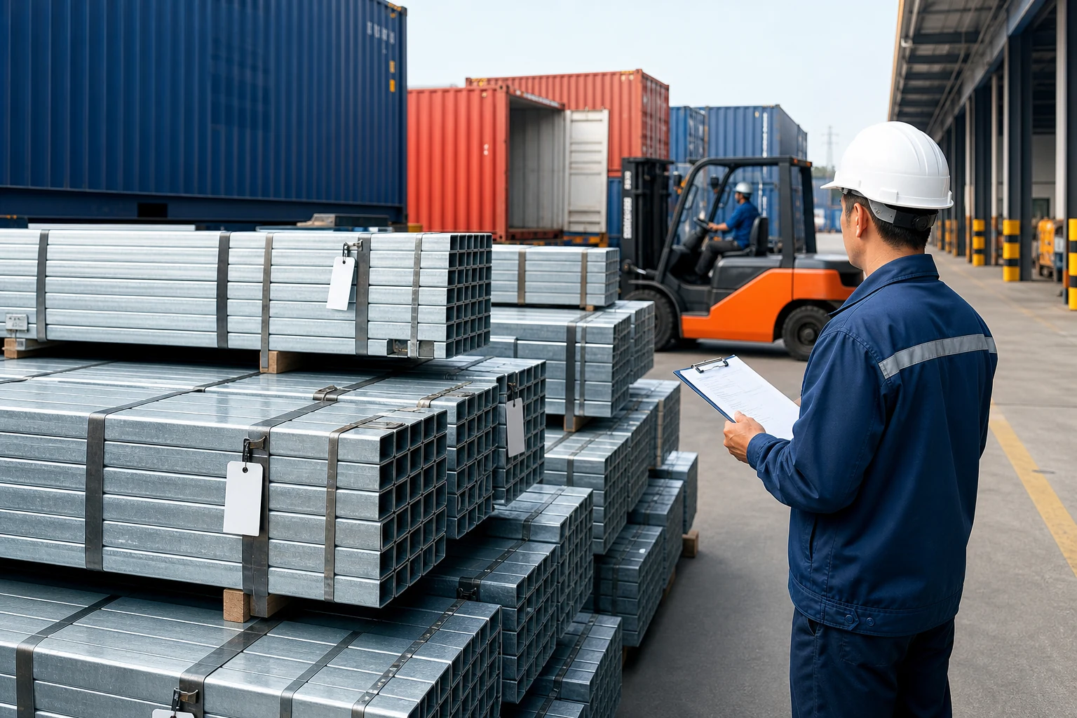 Export-ready steel bundles in a logistics staging area