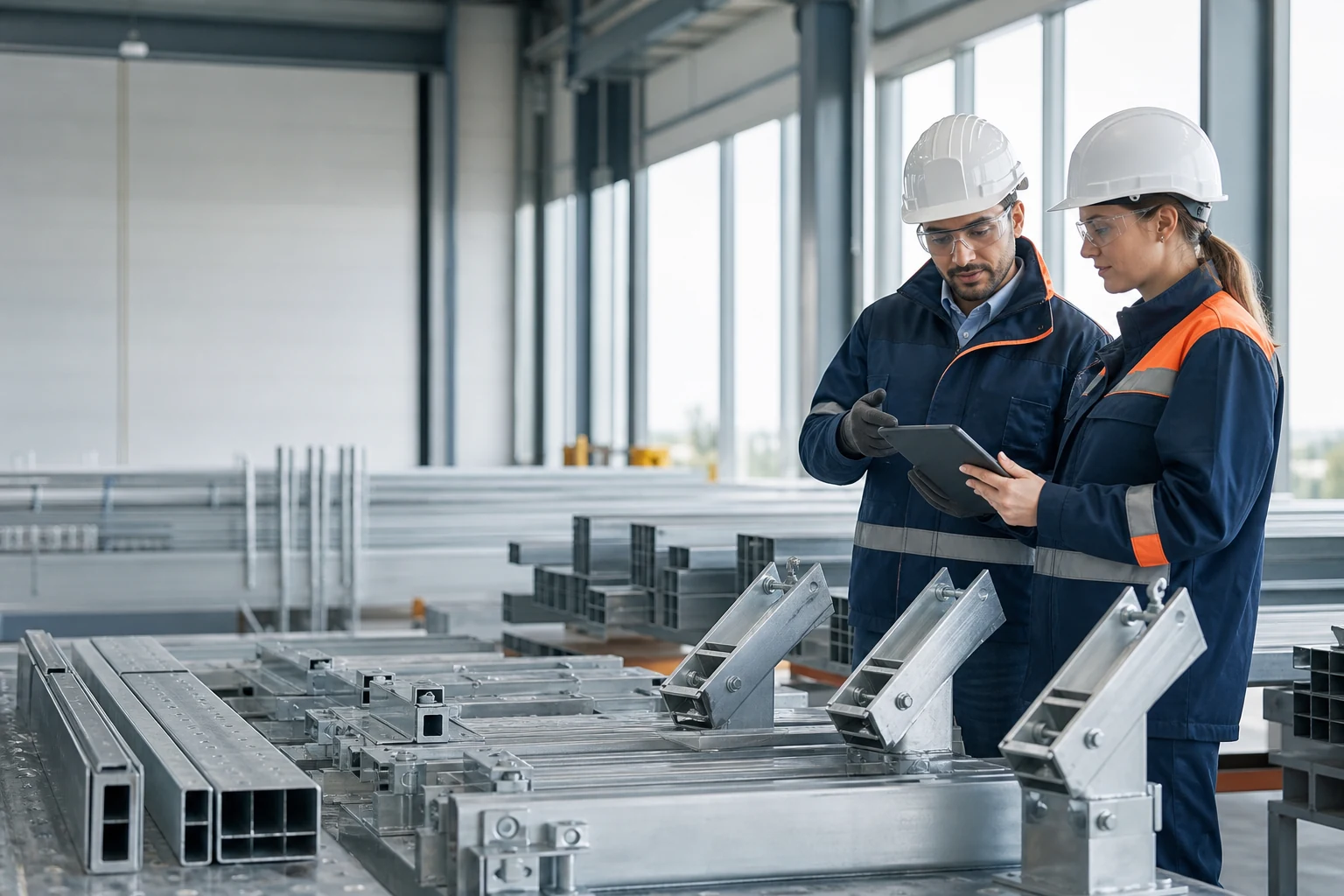 Engineers inspecting galvanized steel components