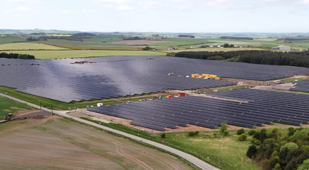Aerial view of a fixed photovoltaic steel project in the United Kingdom