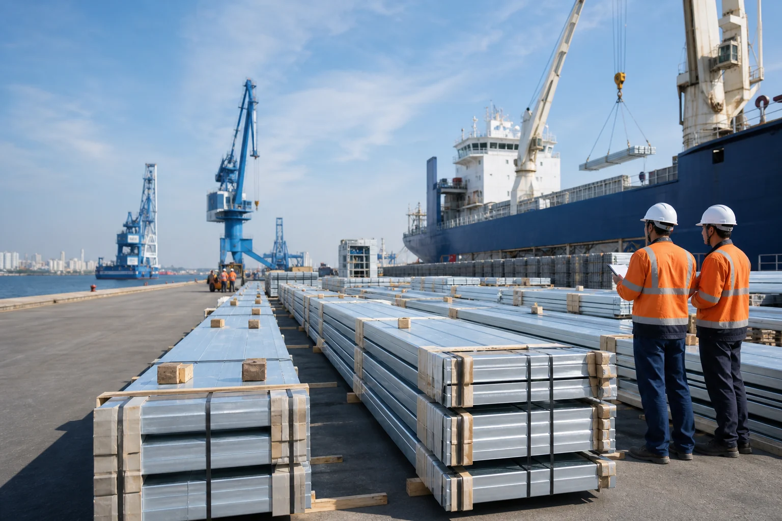 Packaged structural steel prepared for export at a deep-water port